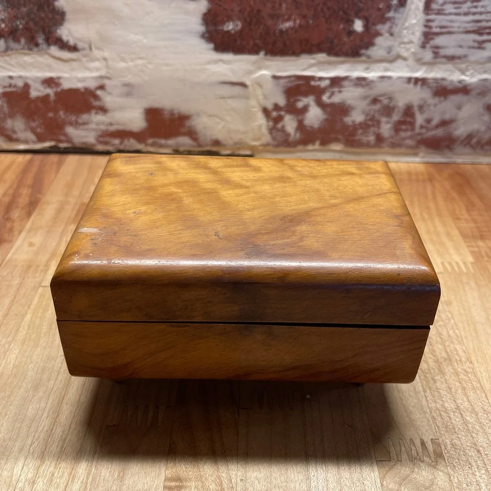 Vintage Reuge Swiss Music Box Wood Jewelry Case Minuet de Don Juan Footed Mirror